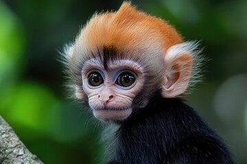 Poster - Close-up shot of a monkey sitting on a tree branch, looking directly at the camera