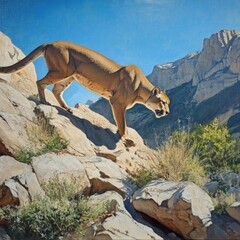 Aufkleber - A mountain lion perches on a rocky outcropping, surveying its surroundings