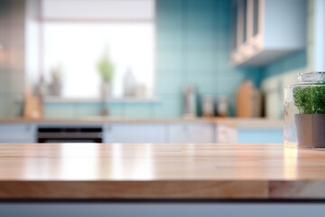 Poster - Empty wooden table with blurred modern kitchen background, perfect for product placement