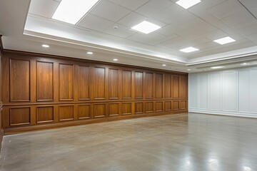 Aufkleber - A simple room with wooden paneled walls and a neutral background
