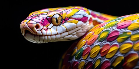 Wall Mural - Close-up photo of a brightly colored snake against a dark backdrop, great for design and illustration projects