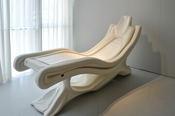 Comfortable white chaise longue chair standing in bright room with large window, representing modern furniture design