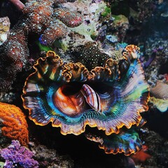 Poster - A vibrant clam sits among the vibrant coral and marine life of a tropical reef