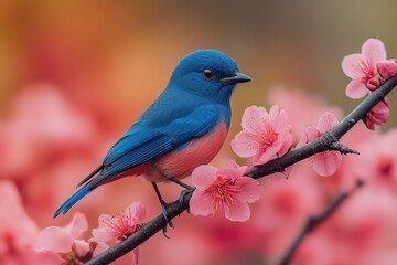 Poster - A small blue bird perched on the branch of a tree, with green leaves and branches in the background