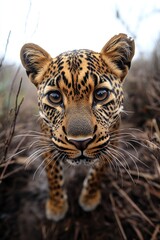 Poster - A close-up shot of a leopard's face looking directly at the camera