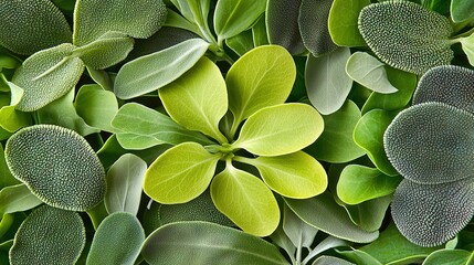 Wall Mural -   A close-up of several green leaves with a central green leaf surrounded by smaller green leaves