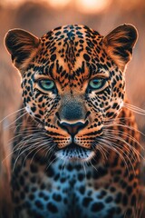 Poster - A close-up shot of a leopard's face with bright green eyes