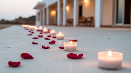 Wall Mural - A romantic pathway lined with red rose petals and glowing candles.