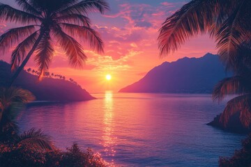 Poster - A serene landscape with a beautiful sunset over a lake surrounded by palm trees, perfect for use in travel or nature photography