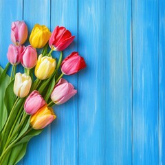 Aufkleber - A bouquet of vibrant tulips arranged on a rustic blue wooden table