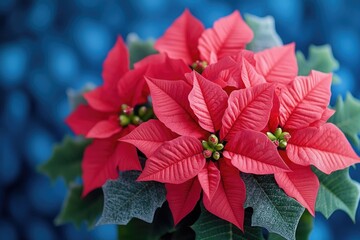 Poster - A close-up of a vibrant red flower with green leaves, ideal for use in designs related to nature and beauty