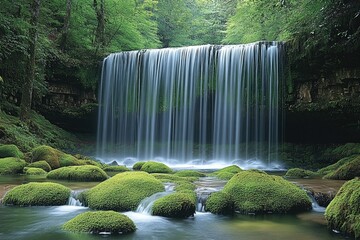 Poster - A serene waterfall surrounded by dense foliage and vibrant greens