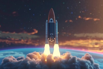 Poster - A space shuttle flying high in the sky with clouds below