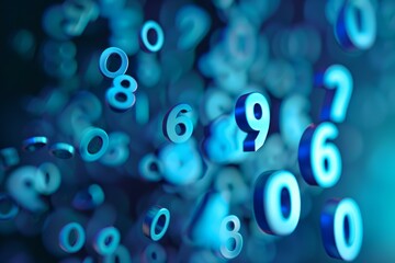 Poster - Blue numbers floating in an abstract digital background representing data analysis, mathematics, and computer science concepts