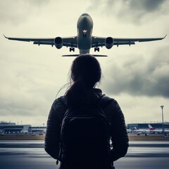 Poster - A woman stands near the nose of an airplane at a runway, ready to board or depart