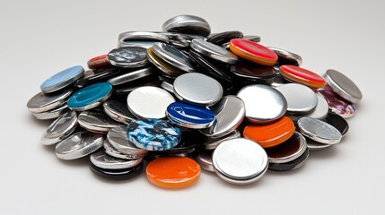 Collection of colorful metallic buttons scattered on a plain surface
