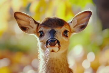 Poster - Close-up photo of a deer's face with trees in the background