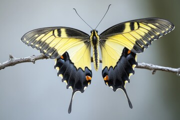 Wall Mural - A yellow and black butterfly perched on a branch, with delicate wings and intricate details