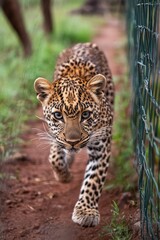 Poster - A leopard walks along a dirt path next to a fence in a natural setting