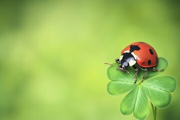 Poster - A ladybug sits on a rare four-leaf clover, surrounded by greenery