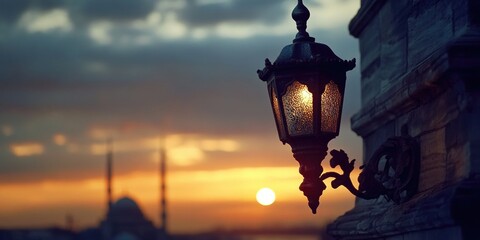 Aufkleber - A street light stands tall against a vibrant sunset backdrop