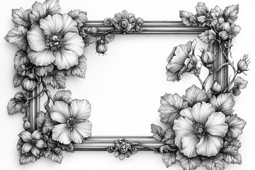 Poster - A black and white illustration of flowers arranged in a frame