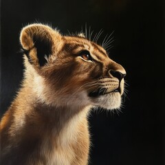 Poster - Close-up shot of a lion's face on a dark background