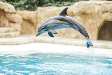 Poster - A dolphin leaps out of the water in a swimming pool, capturing a moment of playfulness and joy