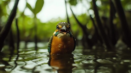 Wall Mural - A small bird perched on calm water's surface, looking around