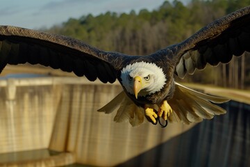 Poster - A bald eagle soaring above a dam surrounded by trees, great for outdoor or nature-themed projects