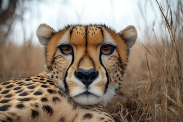 Poster - A close-up view of a cheetah resting in tall grass, highlighting its unique features