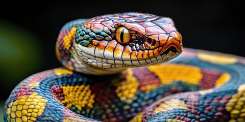 Poster - A vibrant snake's head in a tight shot with intricate details