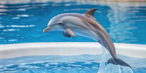 Poster - A playful dolphin jumping out of the water in a pool, great for aquatic or leisure theme illustrations