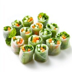 Poster - A stack of colorful vegetable rolls on a clean white surface, perfect for food styling or illustrations