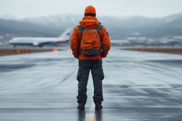 Poster - A person wearing an orange jacket stands on a wet runway, ready for takeoff