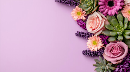 Poster - A vibrant arrangement of assorted flowers and succulents against a soft purple background, showcasing a harmonious blend of colors and textures.