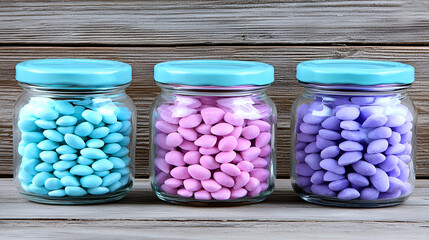 Wall Mural - Three glass jars filled with colorful candy-coated chocolates in shades of blue, pink, and purple, set against a wooden background.