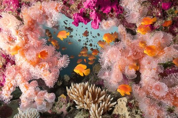 Poster - School of fish swimming near coral reef with colorful sea anemones and seaweed