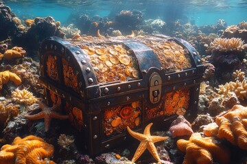 Poster - A treasure chest filled with gold coins, surrounded by starfish on a vibrant coral reef