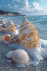 Poster - A group of seashells sit atop a sandy beach, perfect for a coastal themed design or photo