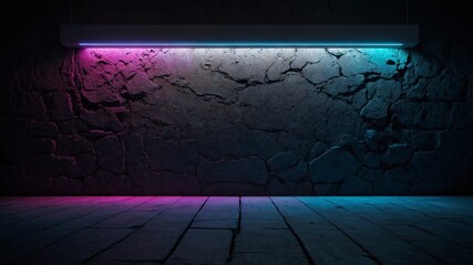 Blue neon light glowing brightly on a textured brick wall during nighttime, perfect for website, application, or game design templates, serving as modern computer or laptop wallpaper with a futuristic