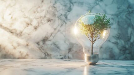 Wall Mural -   Tree-growing light bulb on marble table against marble wall