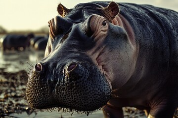 Poster - Close-up shot of a hippo's face in a body of water, great for wildlife or nature-themed images