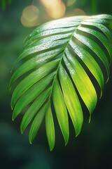 Poster - A single green leaf with water droplets glistening on its surface