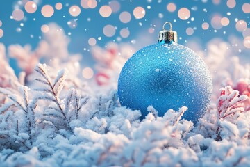 Poster - A blue Christmas ornament sits on top of a pile of snow, perfect for winter scenes and holiday themes