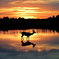 Poster - A deer stands in calm water during a beautiful sunset