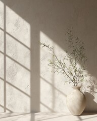 Poster - Elegant vase with branches casting shadows in minimalist interior space natural light still life