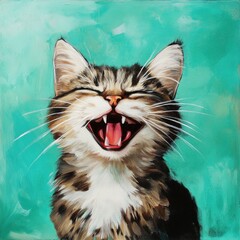 Poster - A cat with its mouth open, looking curious