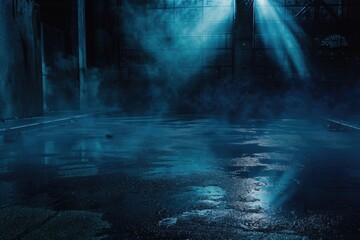 Wall Mural - Dark urban scene with neon lights and reflections in water.