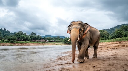 Poster - An elephant walks along the river's edge, surrounded by nature
